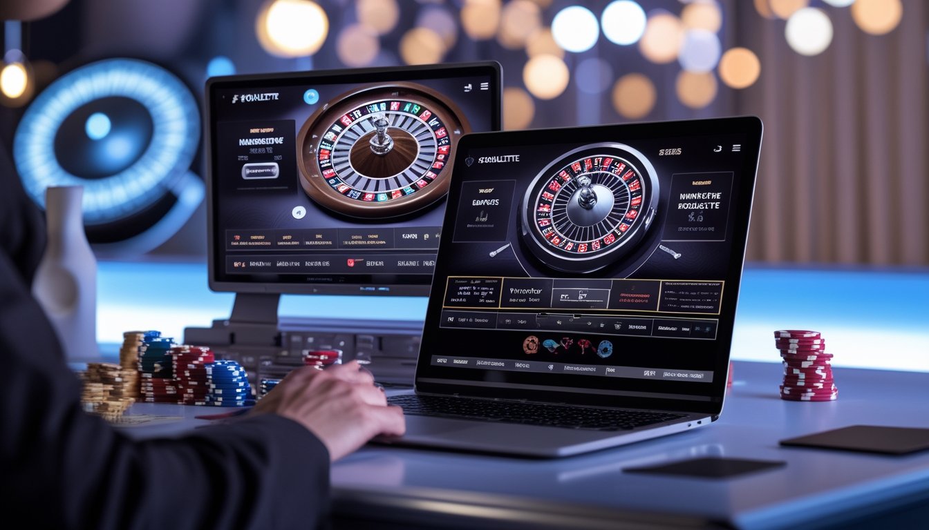 Sebuah komputer menampilkan permainan roulette online dengan latar belakang elemen kasino seperti chip dan roda roulette.