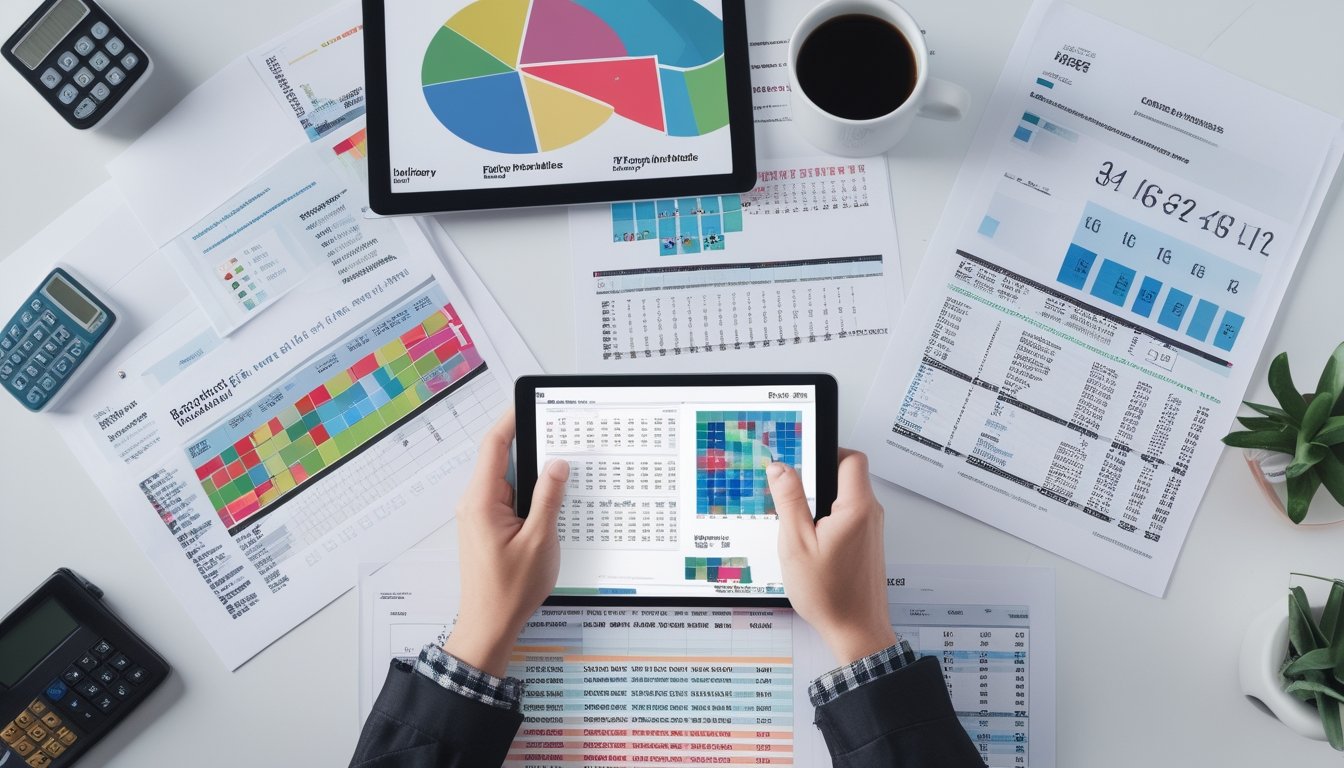 Seseorang sedang menganalisis grafik dan data peluang togel di meja kerja dengan dokumen dan tablet digital.