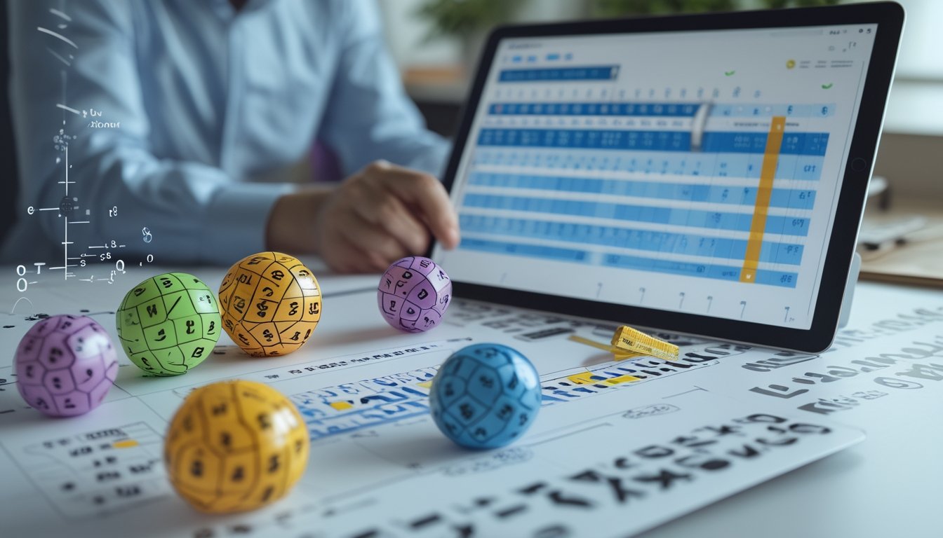 Seseorang sedang menganalisis angka dan grafik peluang togel 2D, 3D, dan 4D di meja kerja dengan tablet dan laptop.