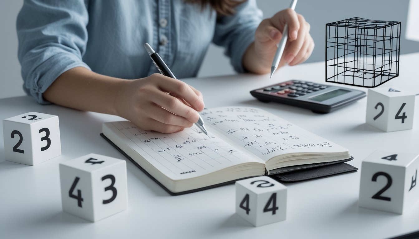Seorang individu sedang menghitung peluang angka dengan kalkulator dan mencatat rumus matematika di meja kerja yang rapi, dengan angka 2, 3, dan 4 dalam berbagai bentuk di sekitar.