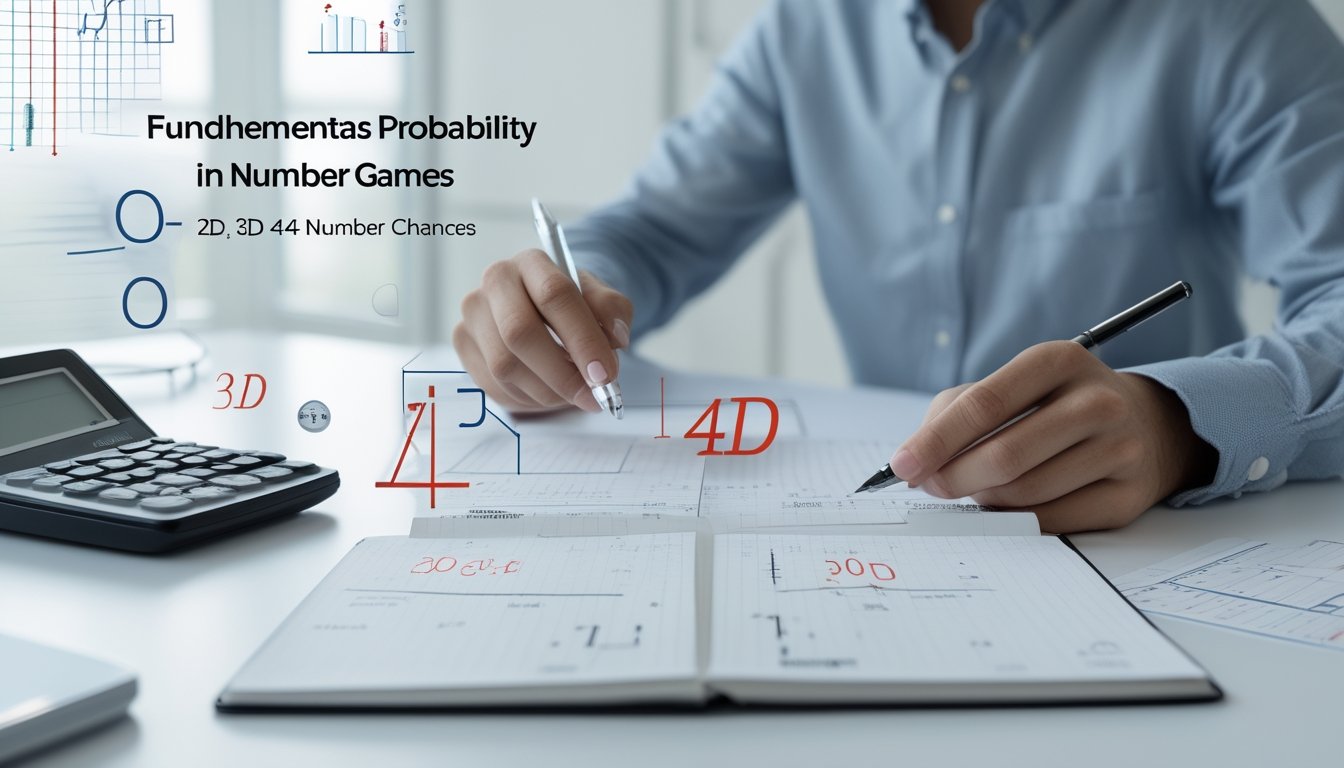 Seorang pria menggunakan kalkulator dan menulis rumus matematika di meja kerja dengan angka dan grafik probabilitas di latar belakang.