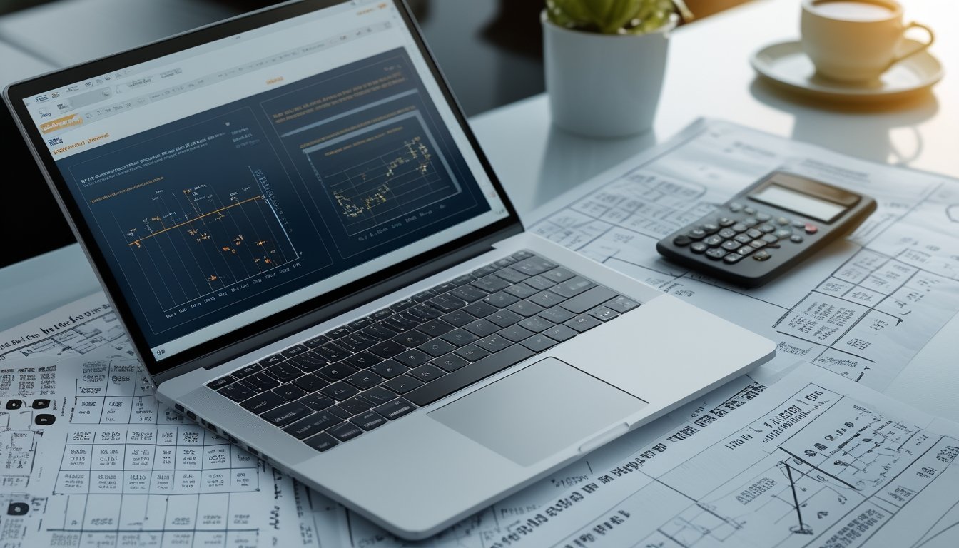 Meja kerja dengan laptop menampilkan grafik statistik, tiket togel dengan angka, kalkulator, dan kertas berisi rumus matematika yang digunakan untuk analisis probabilitas angka togel.