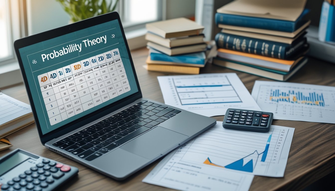 Meja kerja dengan laptop menampilkan grafik probabilitas, buku statistik, kalkulator, dan kertas berisi data angka dan rumus untuk analisis togel.