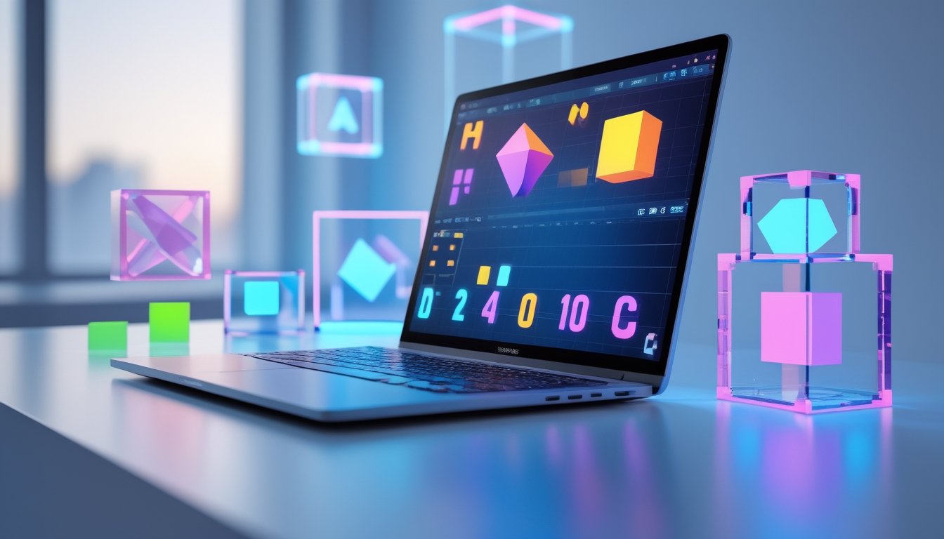 Sebuah meja kerja dengan laptop yang menampilkan bentuk geometris 2D, 3D, dan 4D serta kombinasi angka yang berwarna-warni di layar.