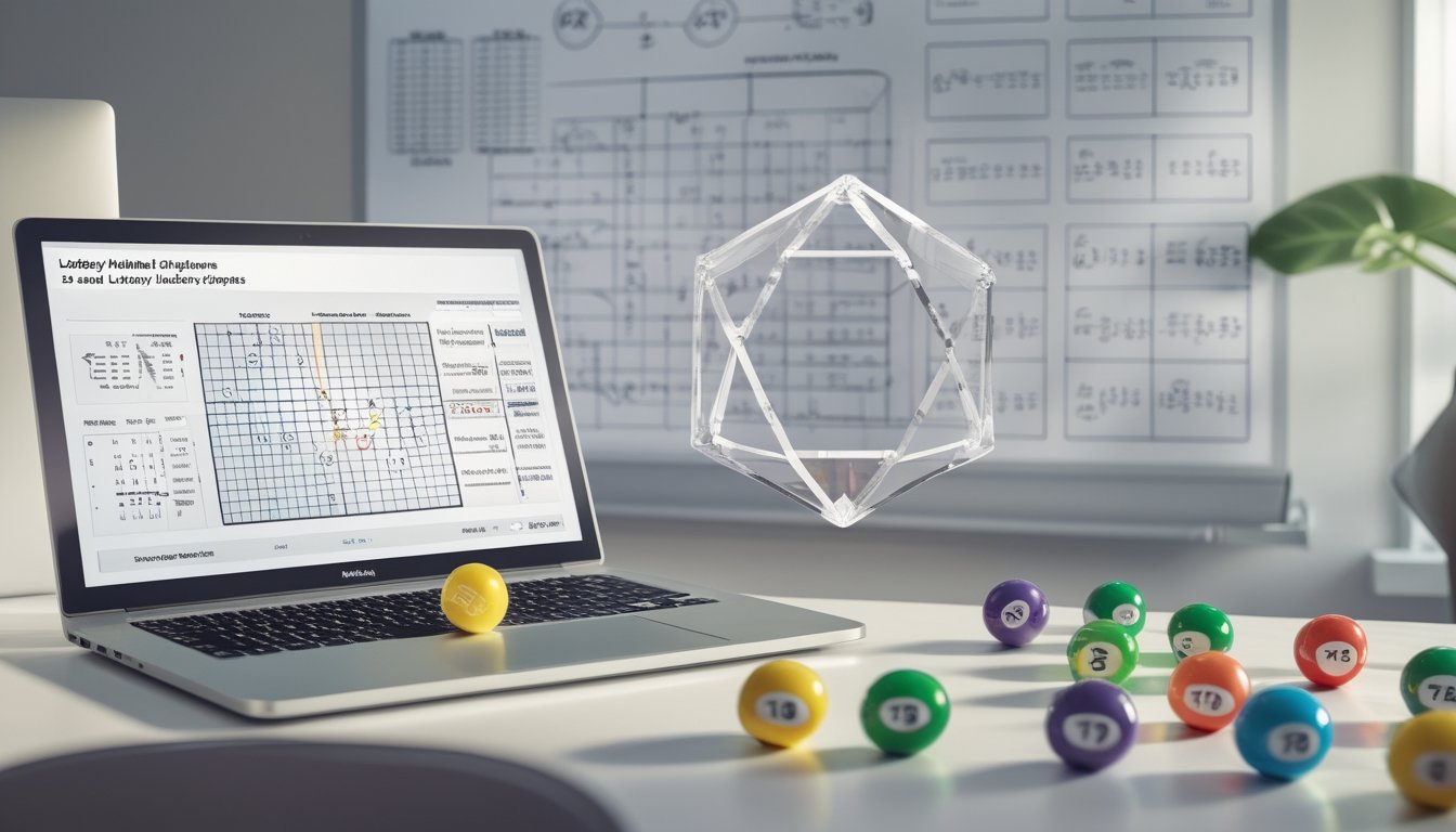 Meja kerja dengan laptop, bola undian bernomor berwarna-warni, dan papan tulis berisi persamaan matematika di latar belakang.