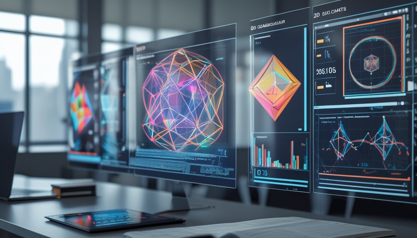 Tempat kerja modern dengan layar transparan yang menampilkan grafik dan visualisasi data multidimensi, termasuk bentuk 4D, 3D, dan 2D.