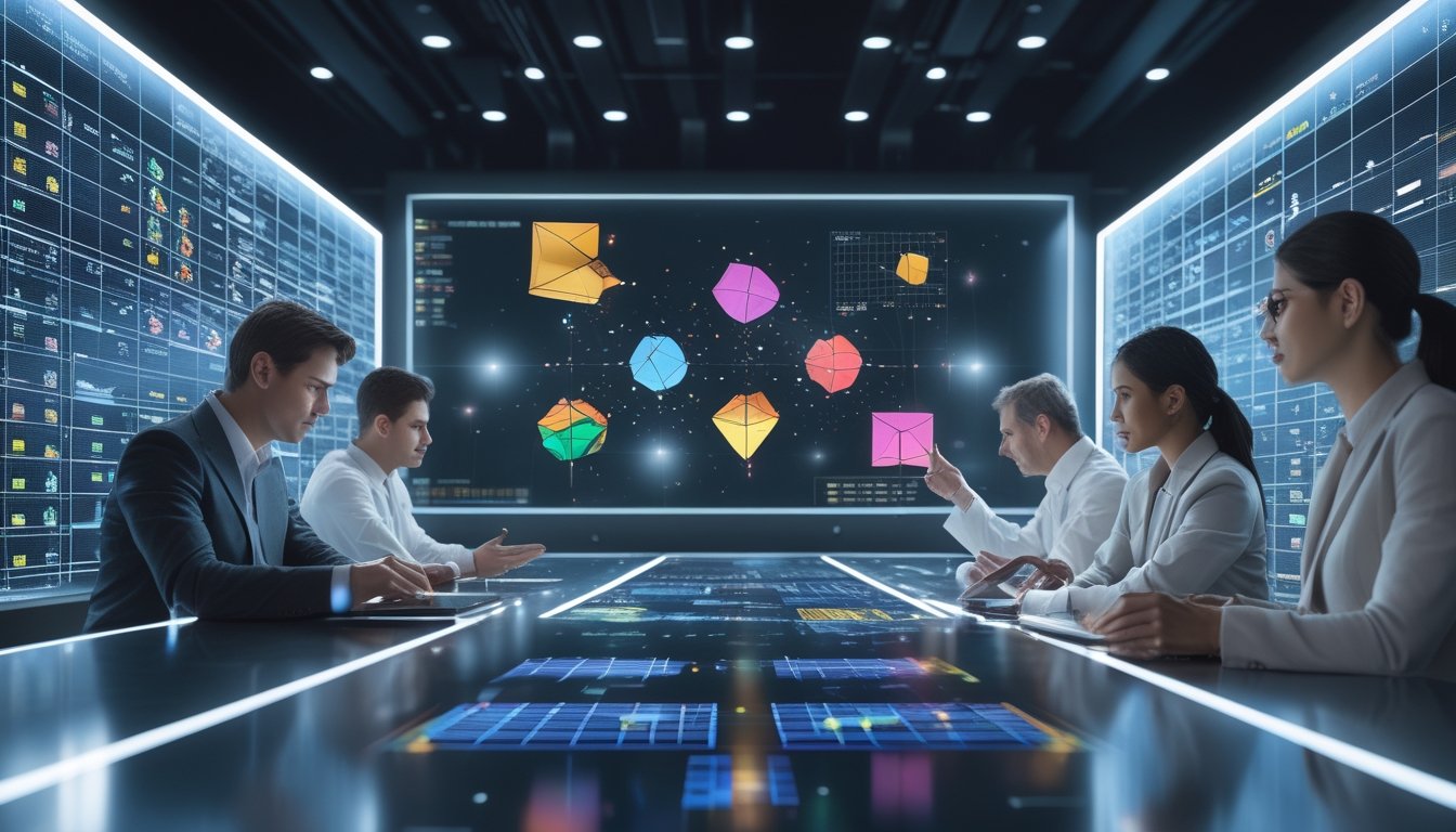 Beberapa profesional sedang menganalisis bentuk geometris 2D, 3D, dan 4D yang ditampilkan di layar transparan di ruang kerja futuristik.