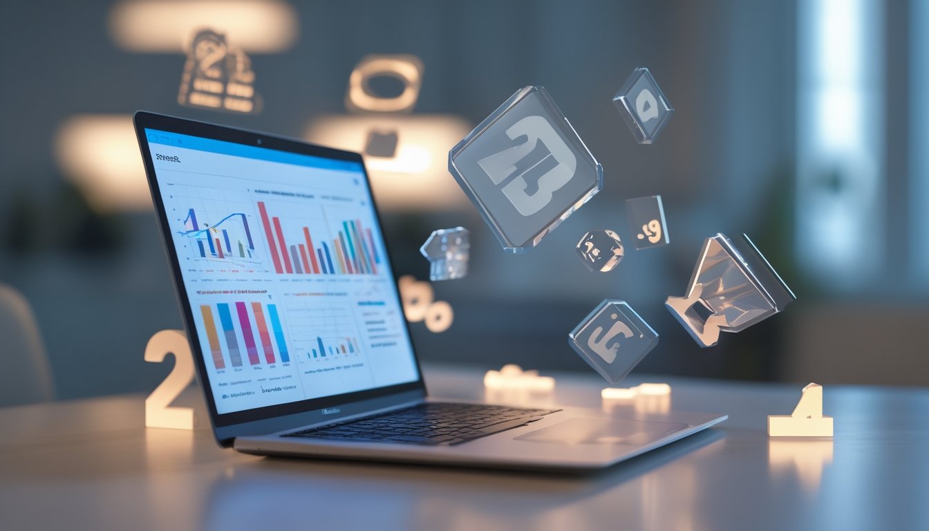 Meja kerja modern dengan laptop yang menampilkan grafik statistik dan angka-angka melayang yang menggambarkan konsep peluang dan kombinasi angka 2D, 3D, dan 4D.