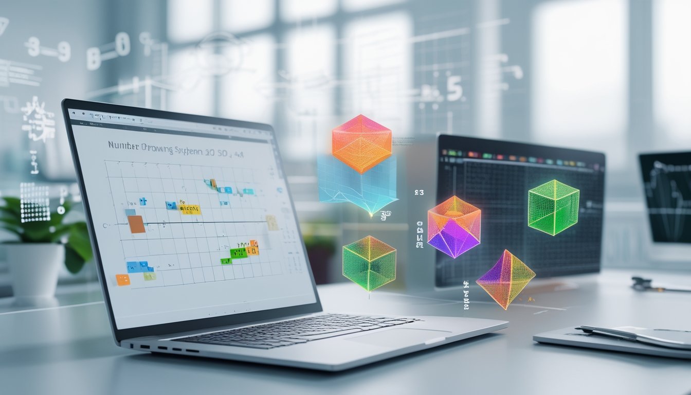Sebuah meja kerja modern dengan laptop terbuka yang menampilkan formula matematika dan bentuk geometris 2D, 3D, dan 4D, serta proyeksi holografik angka dan bentuk multidimensi di udara.
