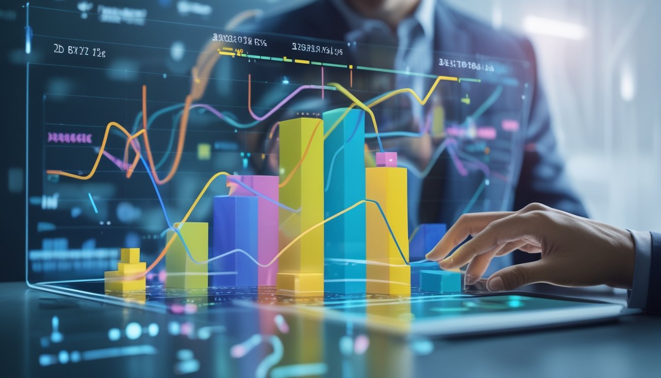 Seorang analis data sedang menggunakan layar sentuh transparan dengan grafik batang dan kurva probabilitas yang menunjukkan perbandingan peluang antara kombinasi angka 2D, 3D, dan 4D.