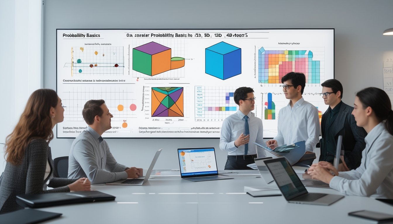 Sekelompok profesional sedang berdiskusi di depan layar digital yang menampilkan bentuk geometris 2D, 3D, dan 4D serta grafik statistik peluang.