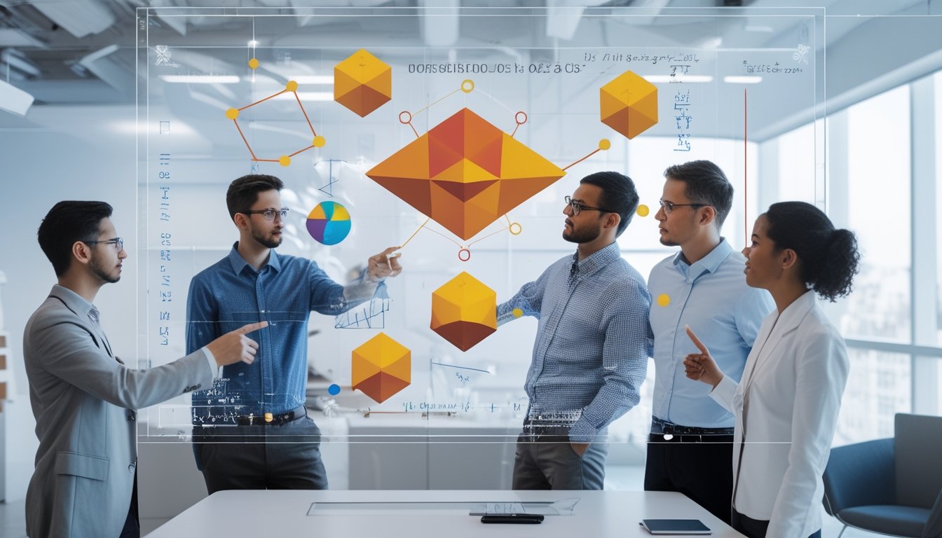 Sejumlah profesional berdiskusi di depan layar digital yang menampilkan bentuk geometris 2D, 3D, dan 4D dengan diagram matematis di ruang kantor yang terang.