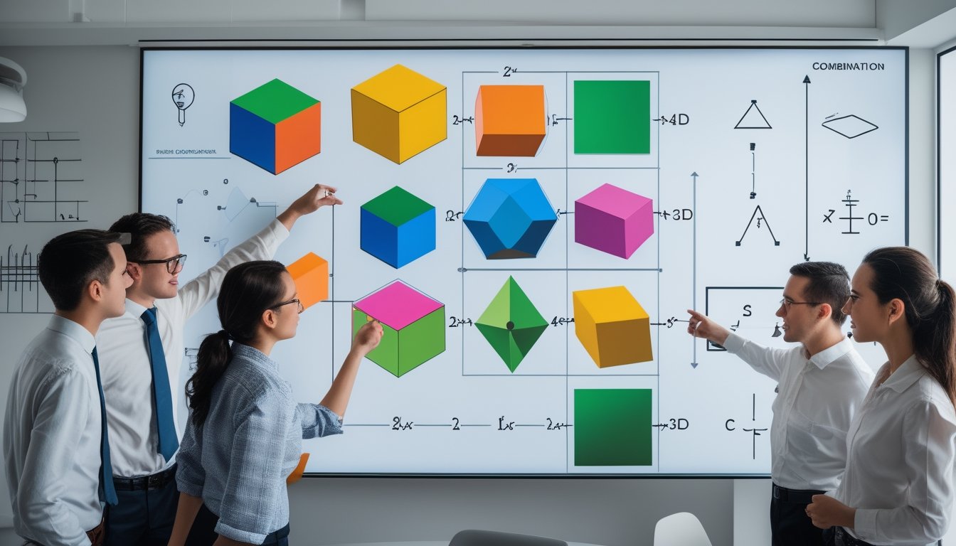 Sekelompok orang sedang berdiskusi di depan papan digital yang menampilkan bentuk geometris 2D, 3D, dan 4D untuk menjelaskan konsep kombinasi dan permutasi.