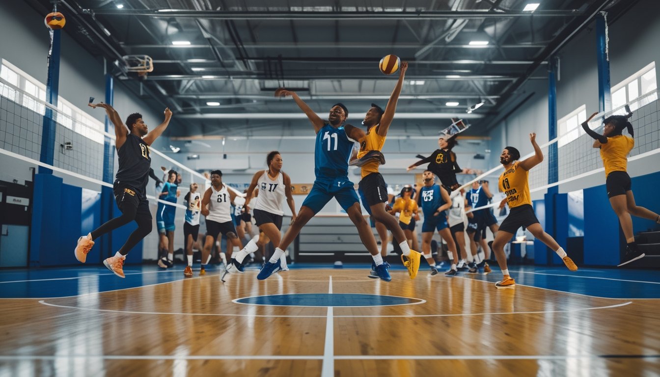 Dua atlet bermain basket dan bola voli secara intens di lapangan olahraga dalam ruangan.