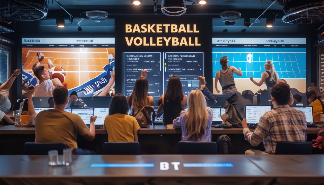 Sekelompok orang muda menonton pertandingan basket dan voli di layar besar sambil memasang taruhan menggunakan perangkat digital di sebuah tempat taruhan olahraga yang ramai.