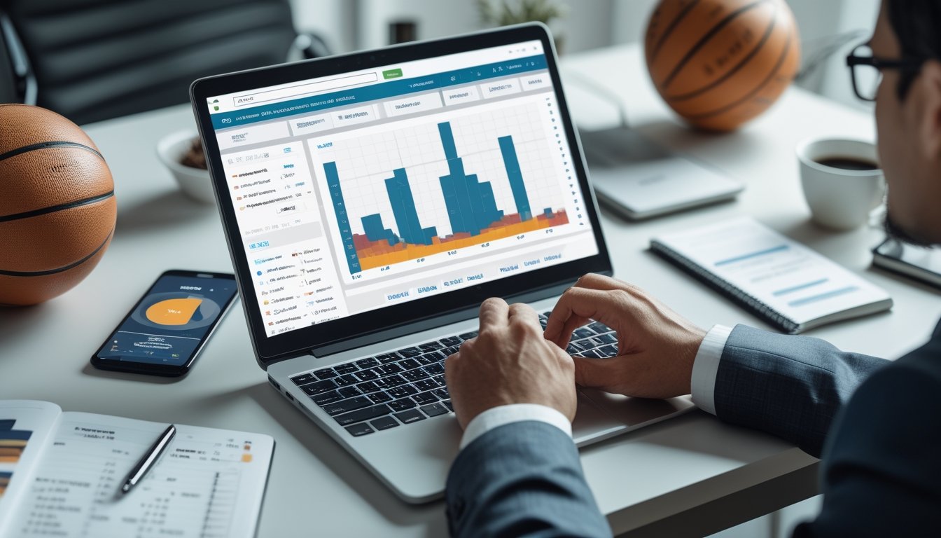 Seseorang sedang menganalisis data taruhan bola basket dan voli online di depan laptop dengan bola basket dan voli di atas meja.