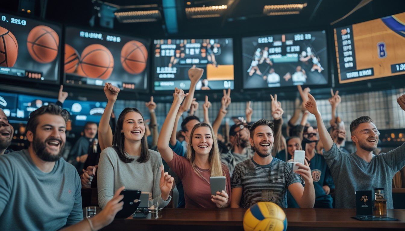 Sekelompok orang menonton pertandingan bola basket dan bola voli di sebuah tempat olahraga sambil menggunakan perangkat untuk memasang taruhan.