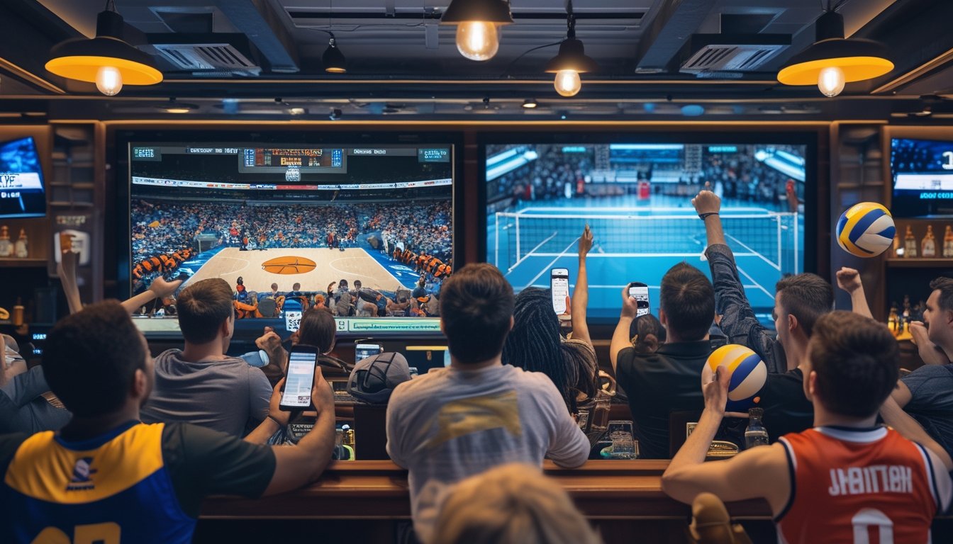 Sekelompok penggemar olahraga sedang menonton pertandingan basket dan bola voli di sebuah tempat modern sambil menggunakan aplikasi taruhan di ponsel mereka.