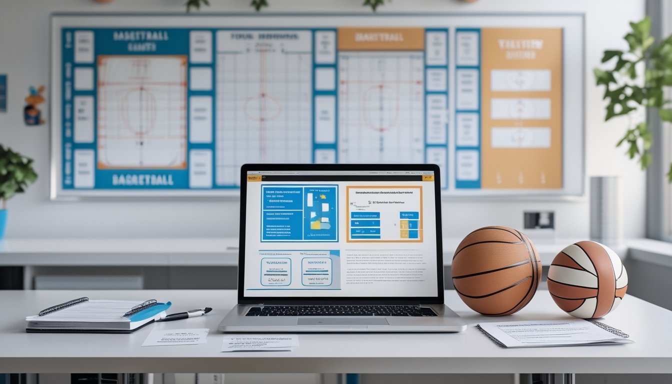 Meja kerja dengan laptop yang menampilkan grafik strategi bola basket dan bola voli, bola basket dan bola voli di atas meja, serta papan tulis dengan diagram taktik di latar belakang.