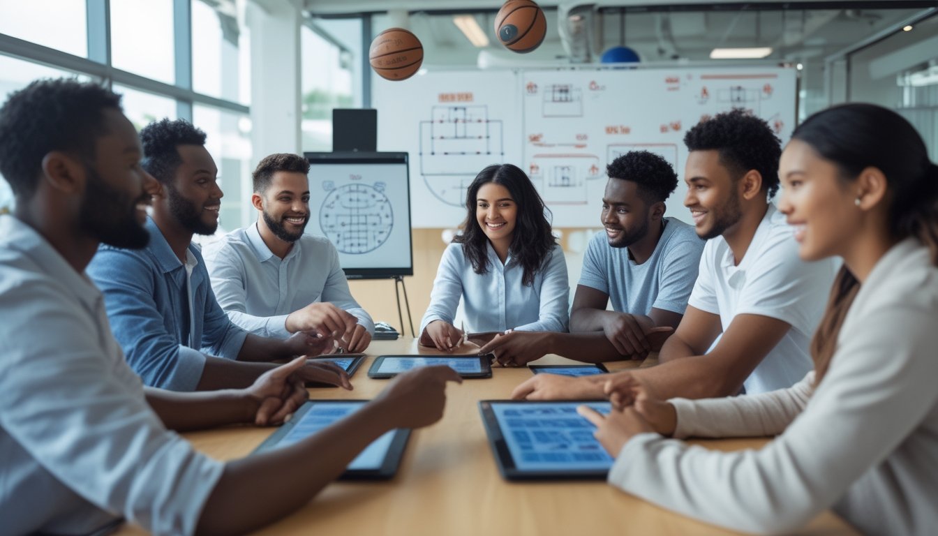 Sekelompok orang muda sedang berdiskusi strategi permainan basket dan bola voli di ruang pelatihan olahraga.