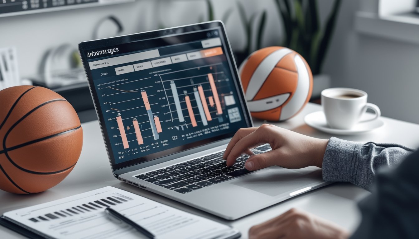 Meja kerja dengan laptop yang menampilkan data statistik bola basket dan bola voli, serta bola basket dan bola voli di atas meja, dengan tangan seseorang yang sedang menganalisis data.