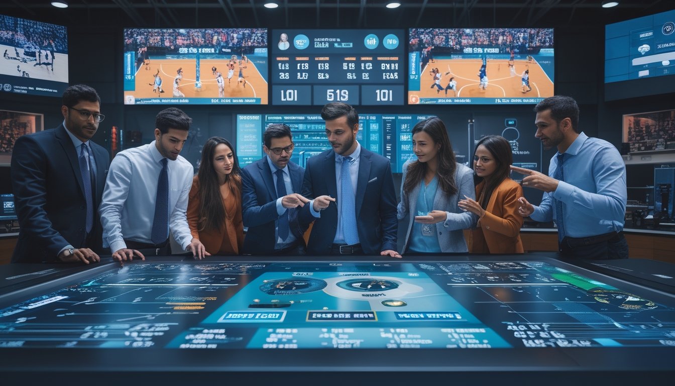 Sekelompok analis olahraga sedang berdiskusi di sekitar meja digital dengan data dan statistik basket serta bola voli.