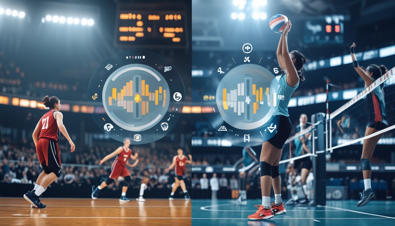 Gambar perbandingan dua lapangan olahraga, satu untuk bola basket dengan pemain sedang bermain, dan satu untuk bola voli dengan pemain melompat memukul bola, di dalam arena olahraga dengan penonton di latar belakang.