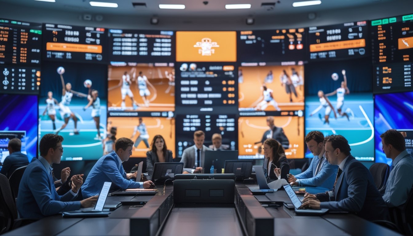 Seorang profesional sedang menganalisis data taruhan olahraga basket dan bola voli di kantor dengan layar digital besar menampilkan pertandingan langsung.