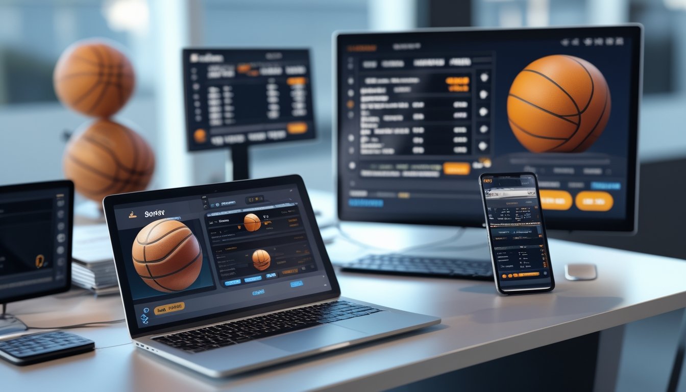 Meja kerja modern dengan perangkat digital menampilkan sistem taruhan untuk pertandingan basket dan bola voli.