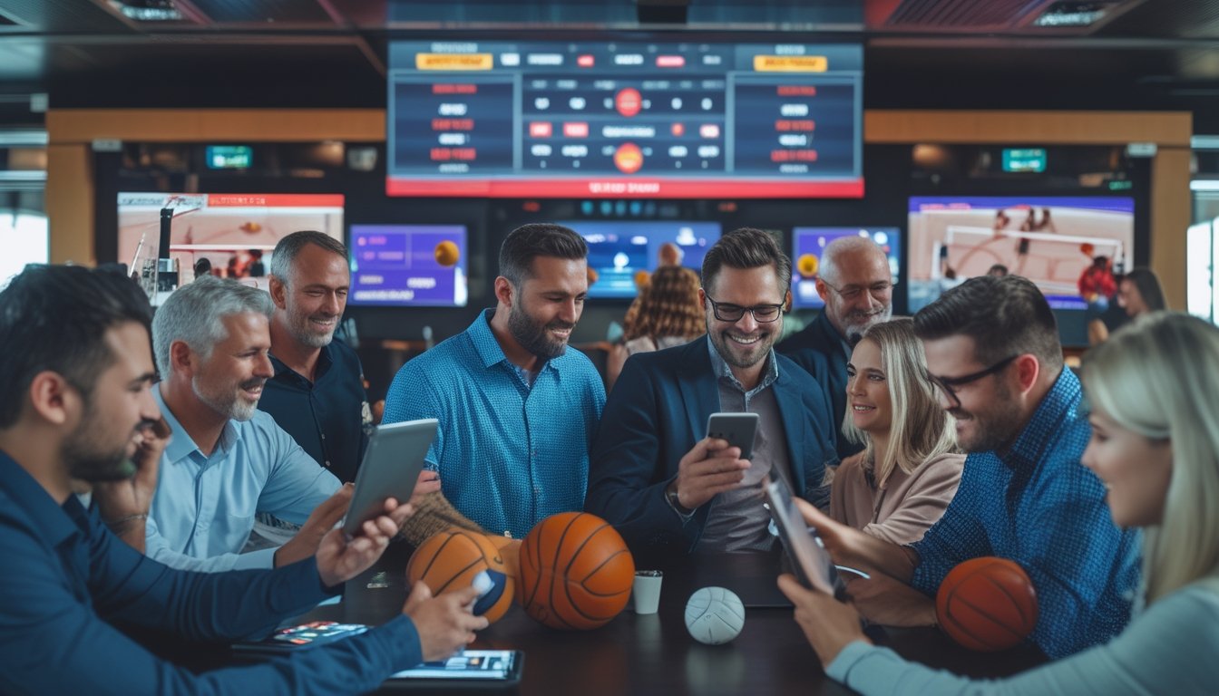 Sekelompok orang dewasa sedang memperhatikan pertandingan basket dan bola voli di layar besar sambil menggunakan perangkat digital untuk memasang taruhan.