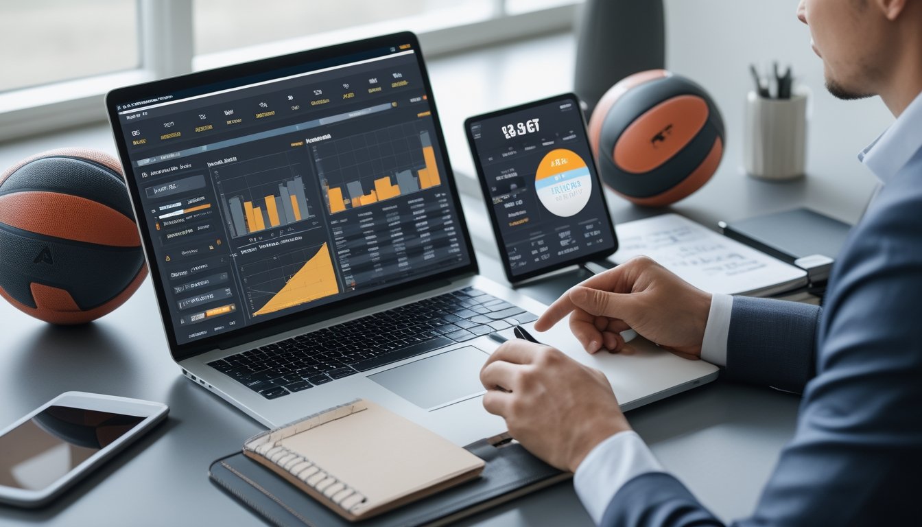 Seseorang sedang menganalisis data taruhan bola basket dan bola voli di meja kerja dengan perangkat digital dan bola olahraga di sekitarnya.