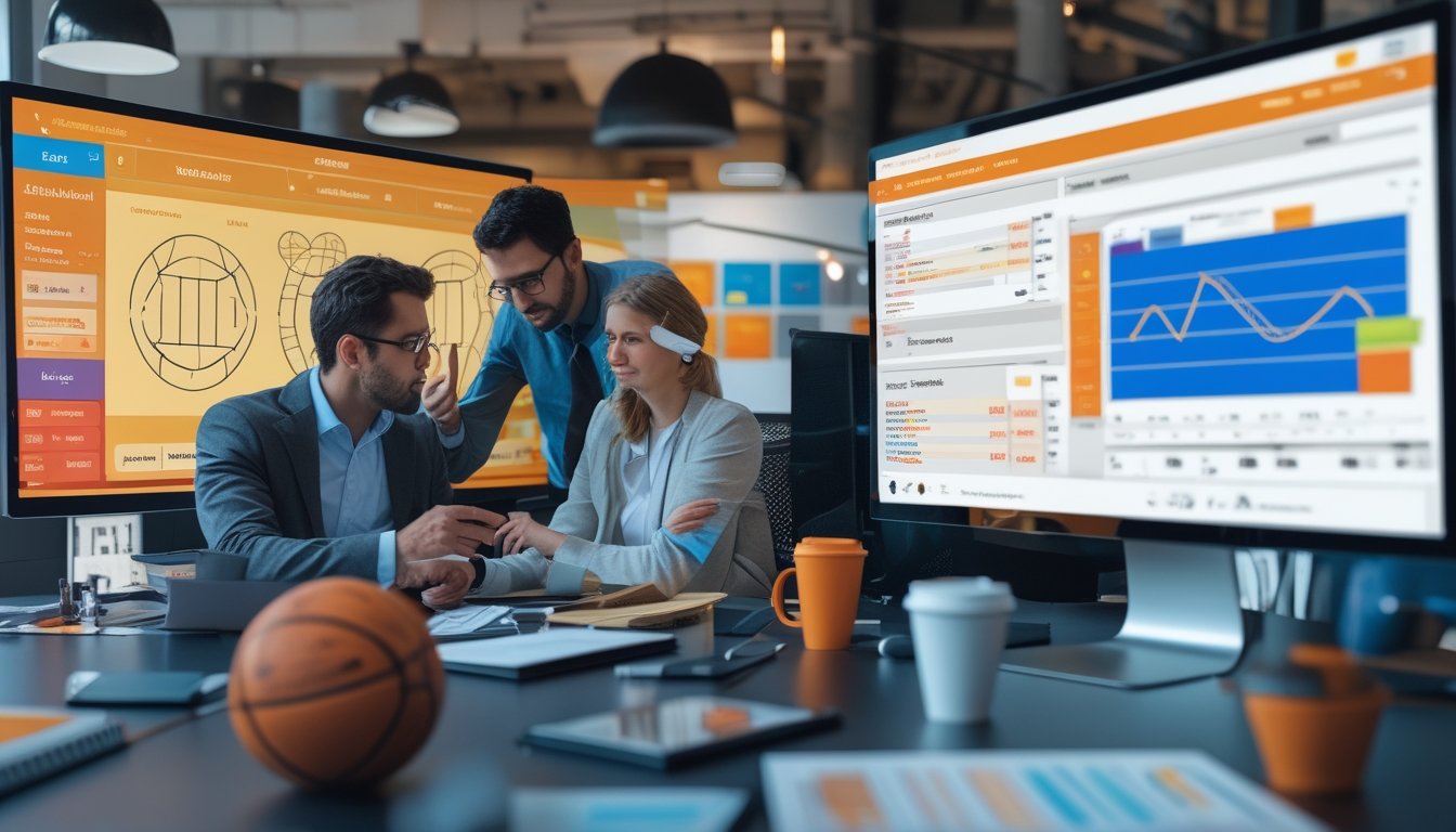 Sekelompok analis sedang bekerja di kantor modern dengan layar komputer yang menampilkan grafik dan data taruhan bola basket dan bola voli.