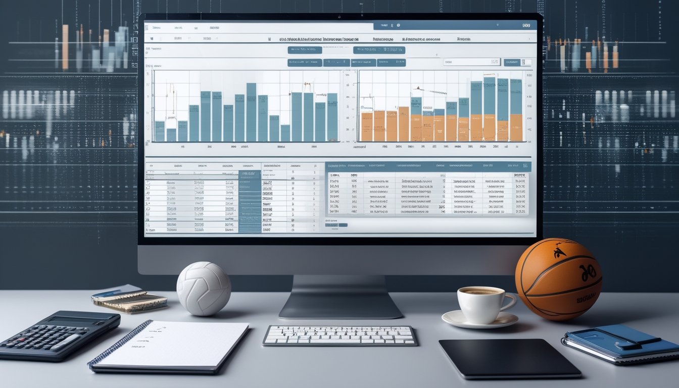 Seorang analis duduk di depan komputer dengan grafik statistik pertandingan basket dan bola voli, dikelilingi bola basket dan bola voli di meja kerja.