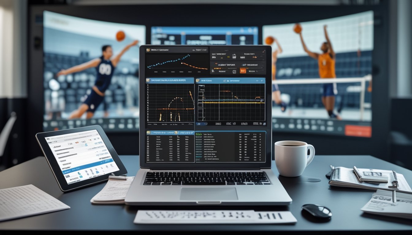 Seseorang sedang menganalisis data pertandingan basket dan bola voli di depan laptop dengan layar besar menampilkan pertandingan yang sedang berlangsung.