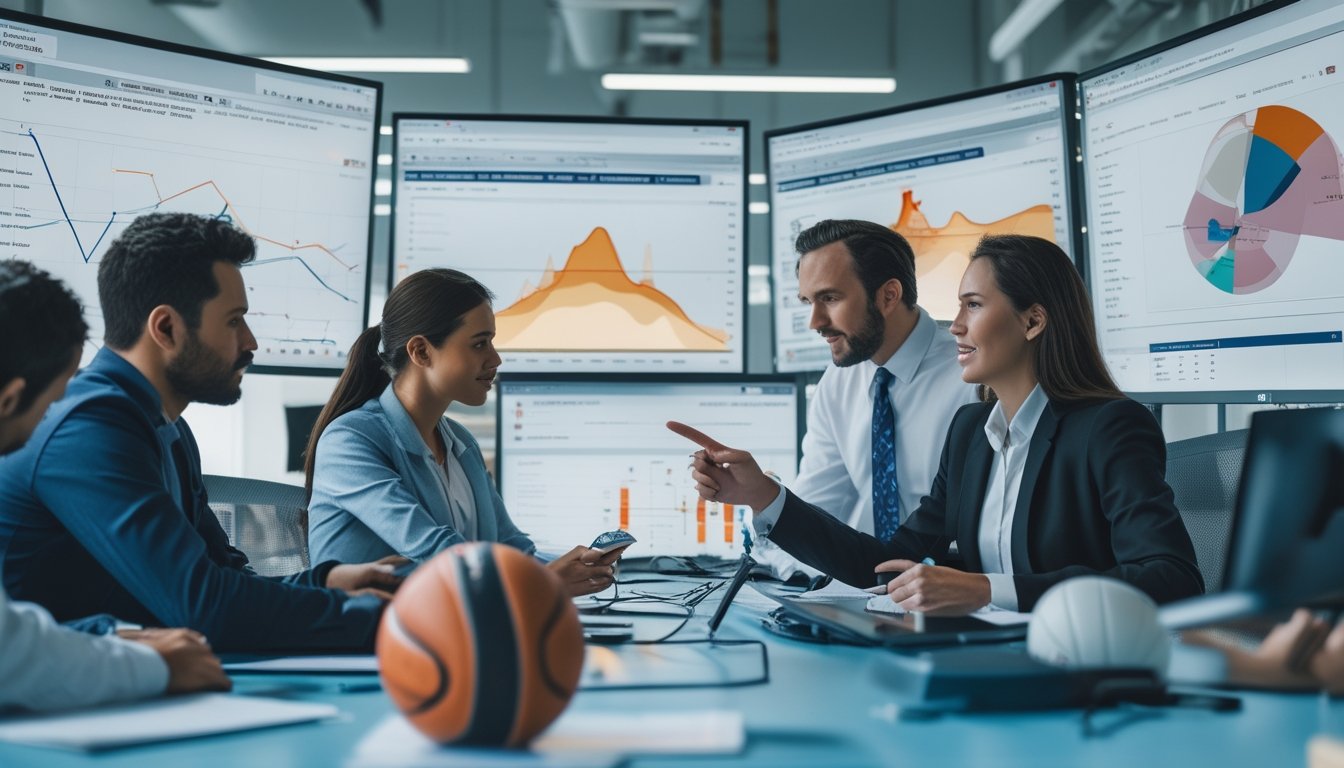 Sekelompok analis sedang bekerja dengan grafik dan data statistik tentang skor basket dan bola voli di sebuah kantor modern.
