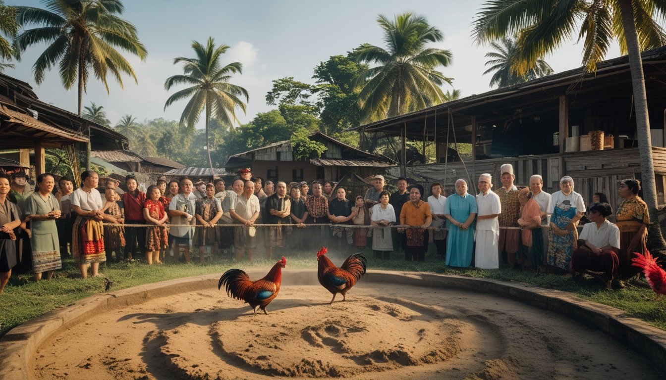 Kerumunan orang di desa tradisional Asia Tenggara menyaksikan dua ayam jago bertarung di arena tanah.