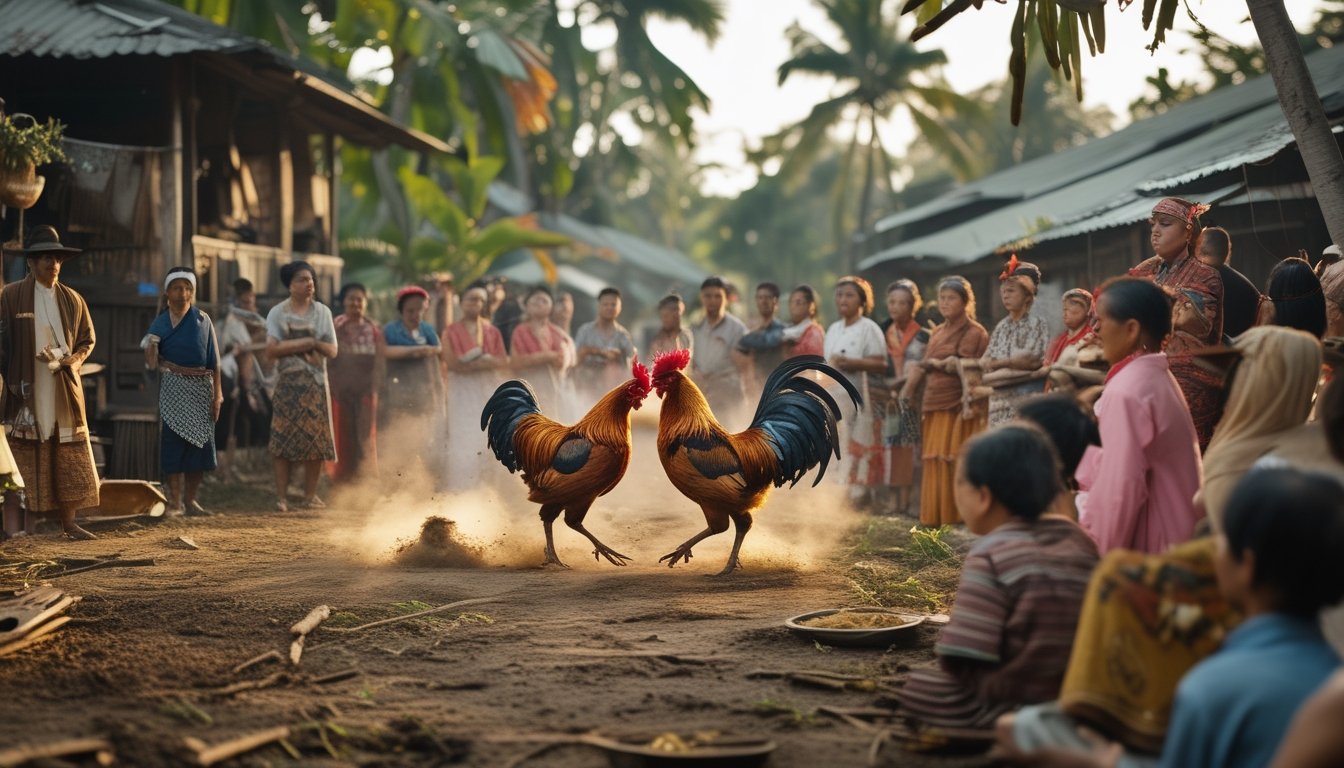 Dua ayam jago sedang bertarung di depan sekelompok orang desa dengan latar belakang rumah tradisional dan vegetasi tropis.