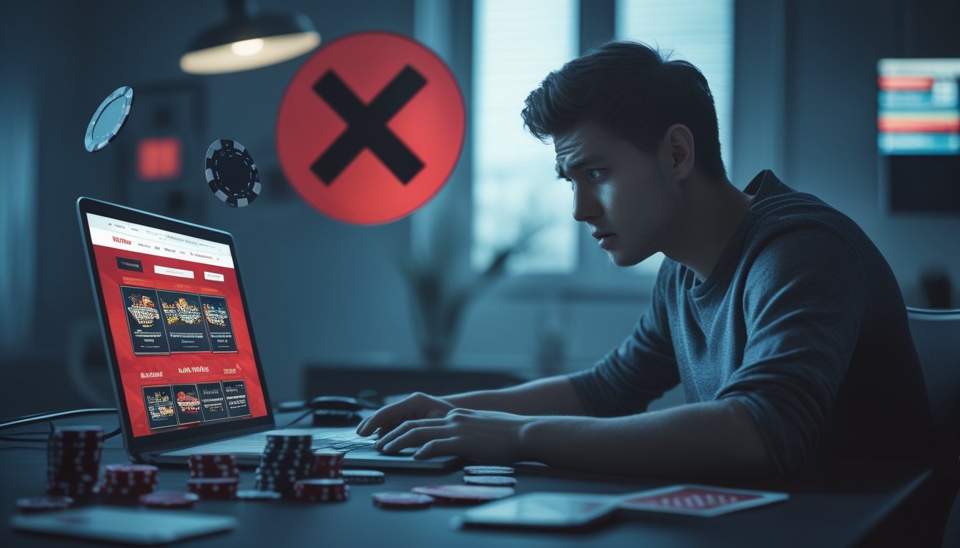 Seorang pria muda duduk di depan laptop dengan ekspresi khawatir, dikelilingi oleh simbol peringatan dan alat judi, di ruangan dengan pencahayaan redup.