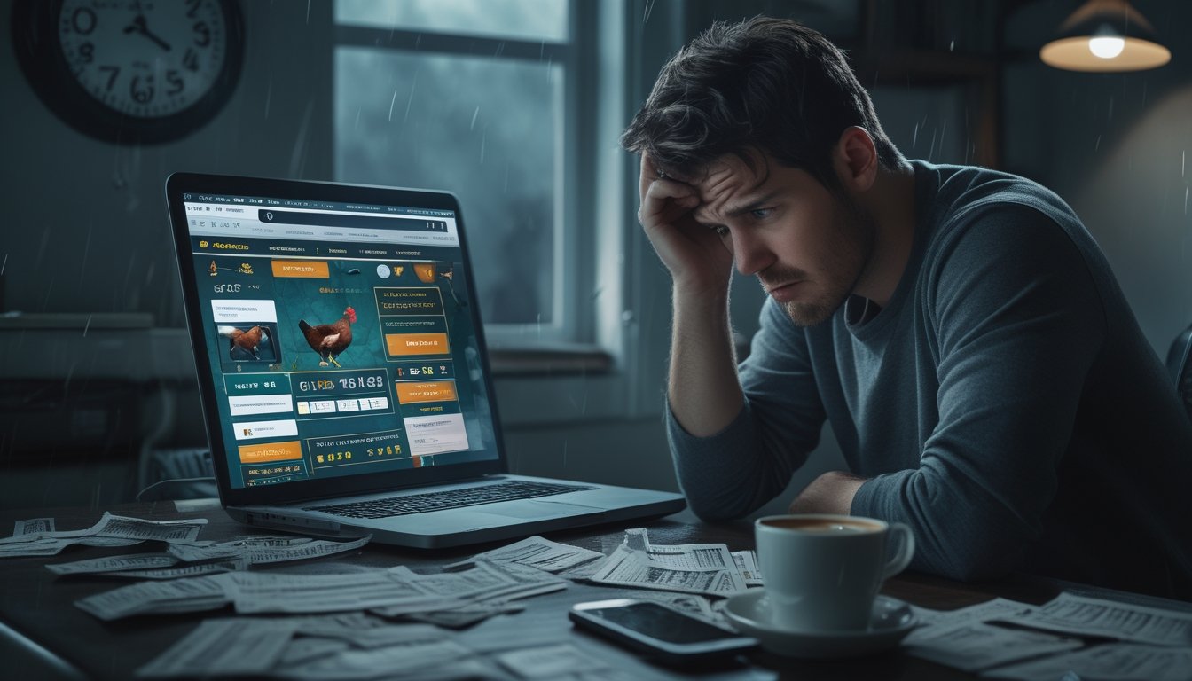 Seorang pria muda duduk di depan laptop dengan ekspresi cemas di ruangan yang remang-remang, dikelilingi oleh kertas taruhan dan ponsel, menunjukkan tekanan psikologis akibat judi online sabung ayam.