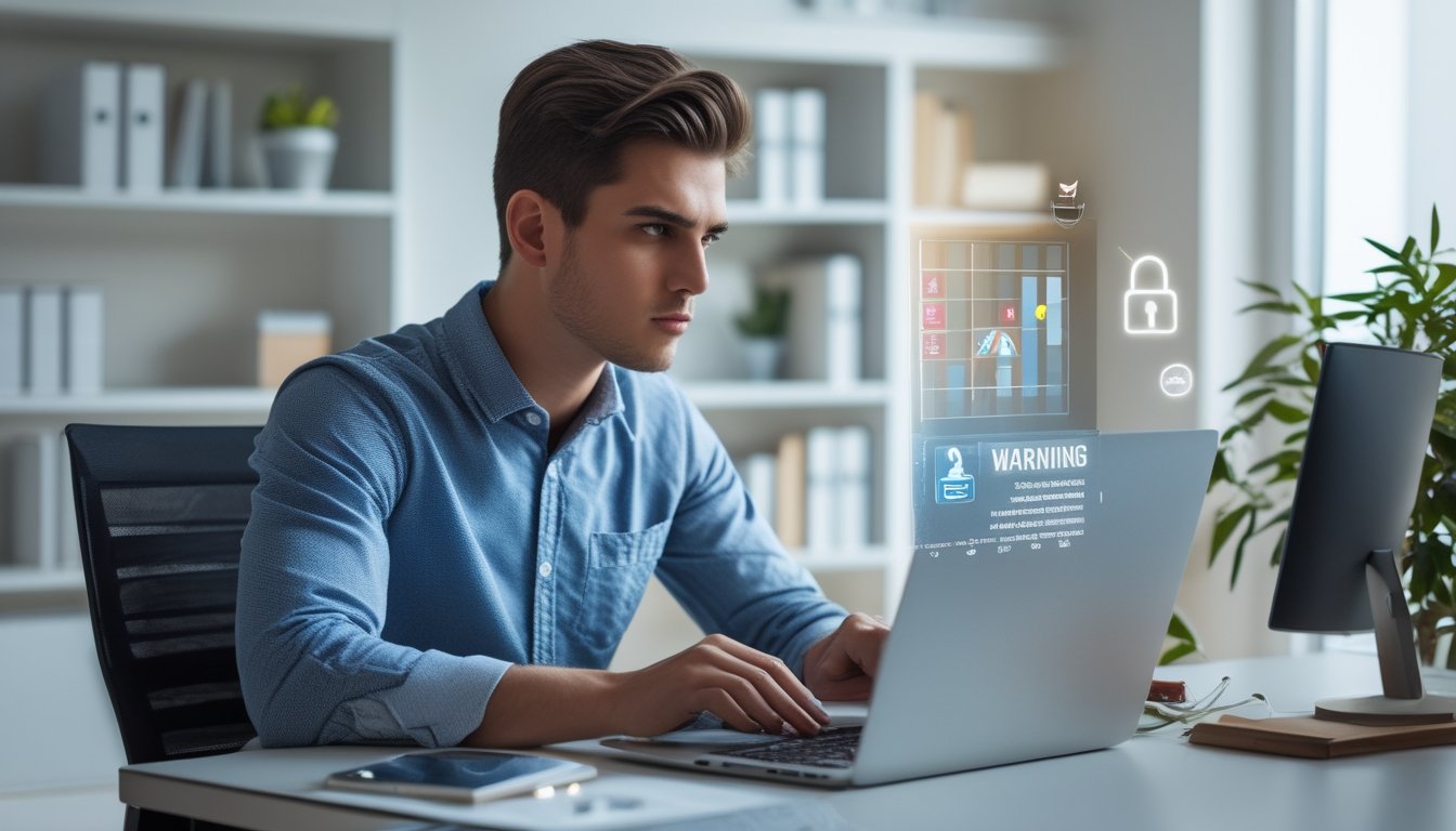Seorang pria muda serius duduk di meja kantor menggunakan laptop dengan ikon keamanan dan tanda peringatan di layar.