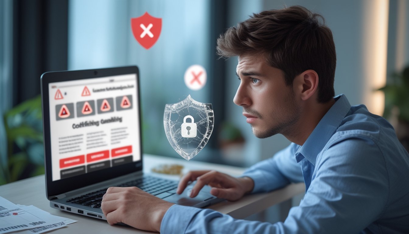 Seorang pria muda duduk di meja dengan ekspresi khawatir sambil melihat layar laptop yang menunjukkan peringatan keamanan online.