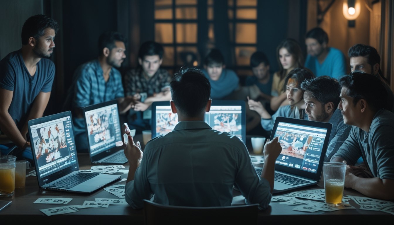 Sekelompok orang menonton pertandingan sabung ayam secara online dengan ekspresi cemas, sementara seorang anggota keluarga terlihat khawatir di latar belakang.