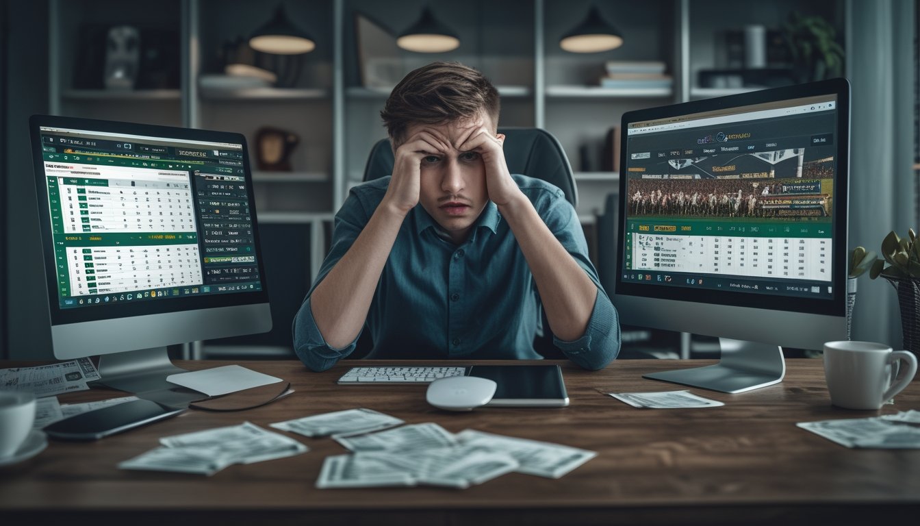Seorang pria muda terlihat stres duduk di meja dengan beberapa perangkat digital yang menampilkan situs judi sabung ayam online, menunjukkan ekspresi frustrasi dan kecemasan.