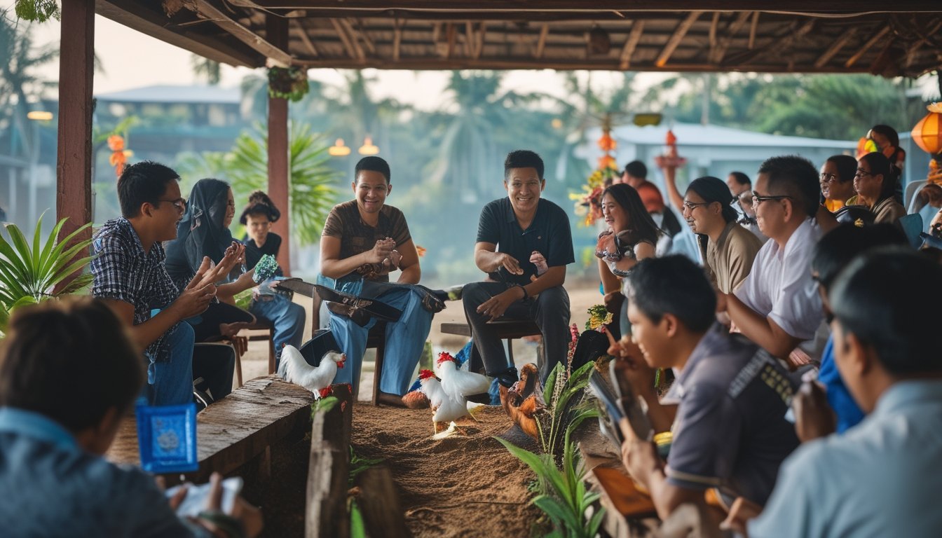 Sekelompok orang berkumpul di arena sabung ayam modern, beberapa menonton pertandingan dengan antusias, sementara yang lain tampak sedang memasang taruhan secara diam-diam.