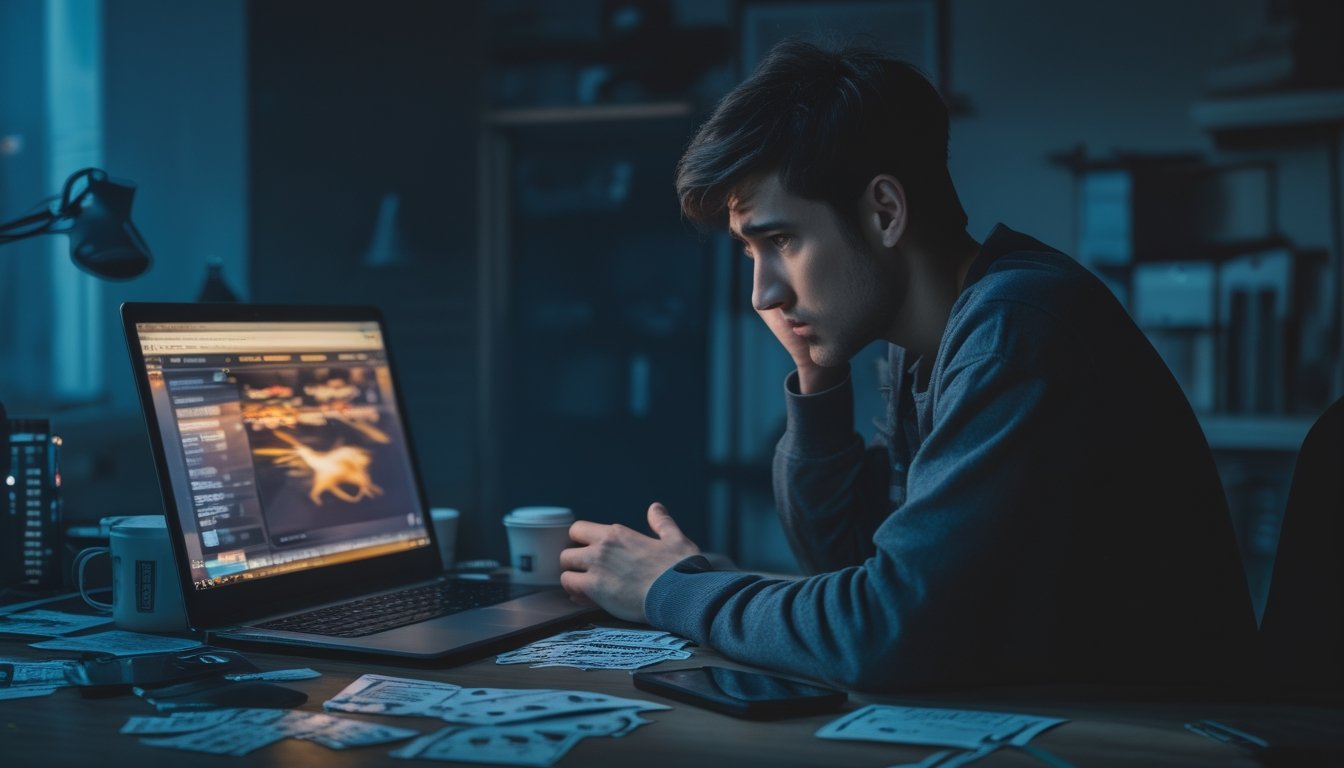Seorang pria muda duduk sendirian di ruangan redup dengan ekspresi cemas sambil menatap layar laptop, dikelilingi oleh slip taruhan dan ponsel, menggambarkan dampak psikologis ketergantungan judi online.