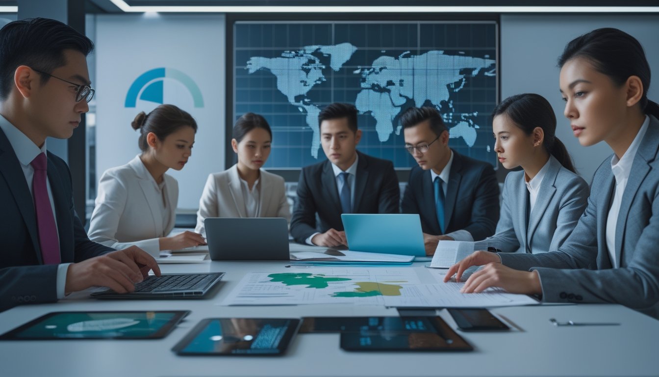 Sekelompok profesional Asia Tenggara sedang berdiskusi serius di ruang rapat dengan peta dan grafik di layar digital.