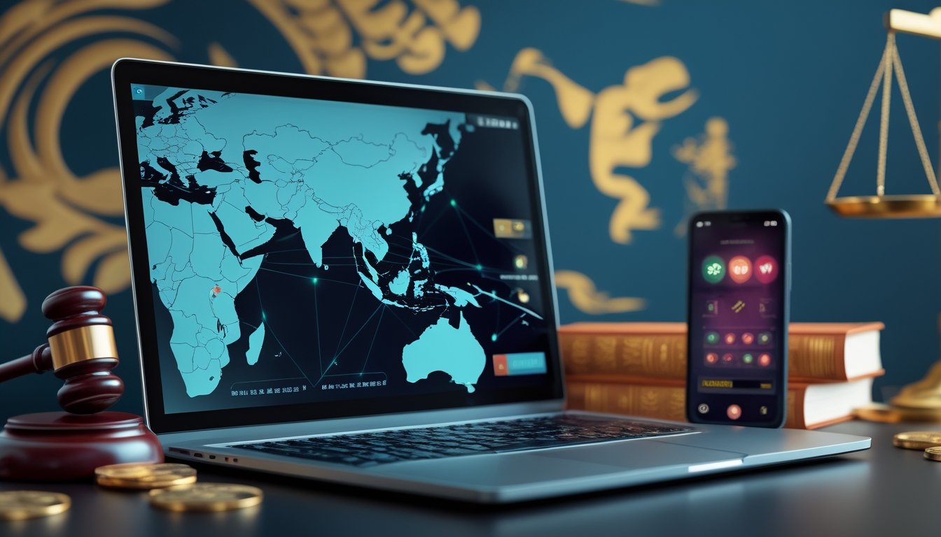 Sebuah laptop menampilkan peta digital Asia Tenggara dengan koneksi jaringan, dikelilingi palu hakim, buku hukum, dan smartphone yang menampilkan aplikasi perjudian.