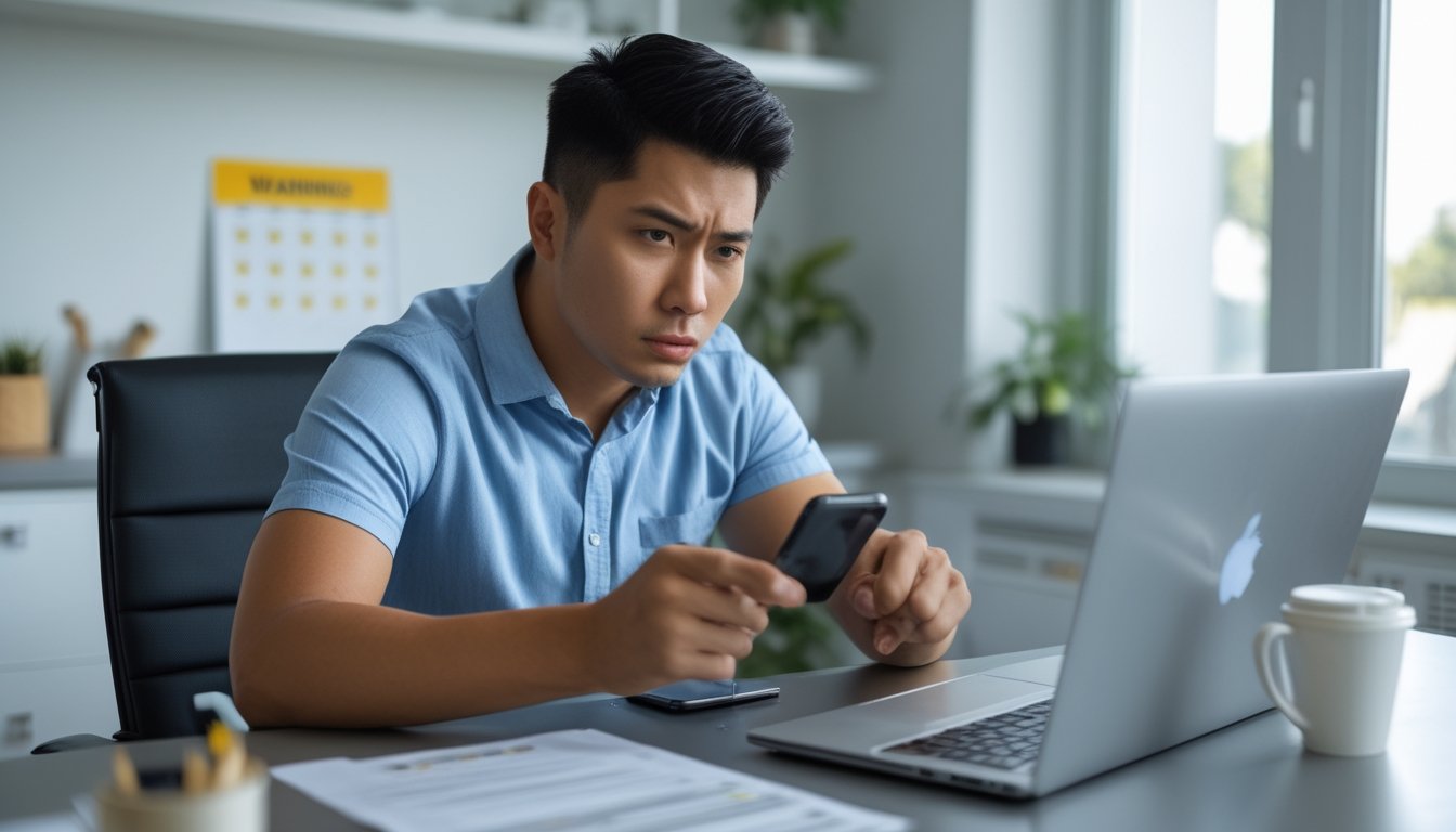 Seorang pria muda sedang duduk di meja dengan laptop dan ponsel, terlihat serius dan waspada.