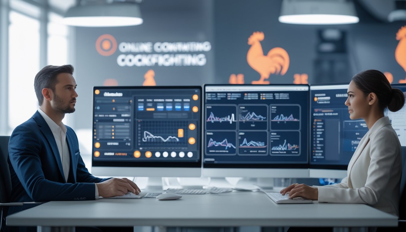 Dua orang profesional sedang duduk di meja kantor dengan beberapa layar komputer yang menampilkan data terkait taruhan sabung ayam online.