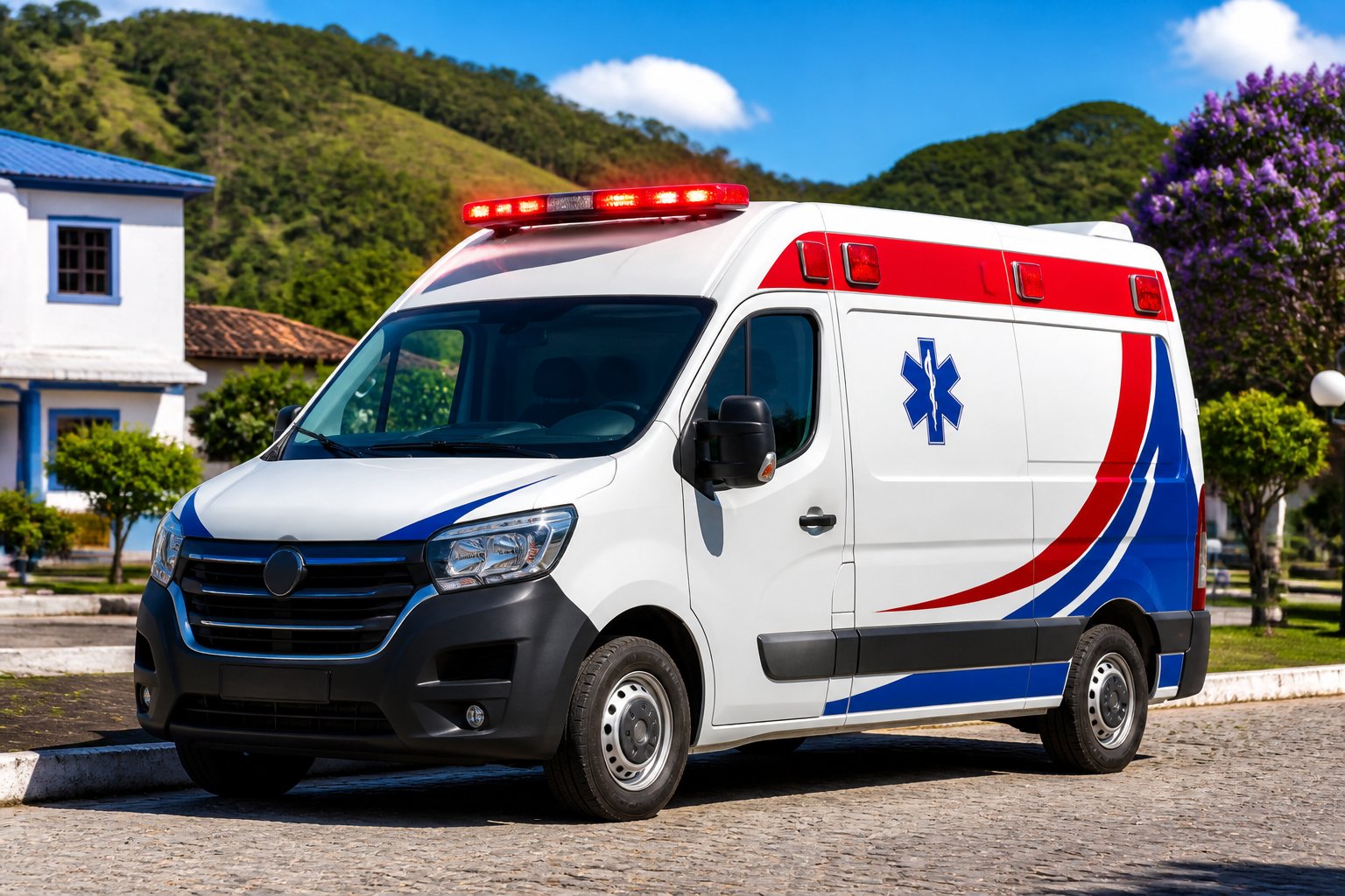 Ambulância moderna estacionada em uma rua limpa de Cantagalo, com colinas verdes ao fundo e céu azul.